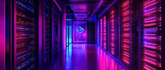 Fototapeta premium A vibrant server room illuminated with neon lights, showcasing advanced technology infrastructure.