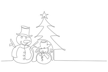 Continuous one line Cartoon doodle hand drawn of snowman and Christmas tree isolated on white background, vector illustration design, Editable stroke, New Year greeting concept