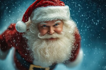 Cheerful Santa Claus Smiling Amidst Falling Snowflakes in a Magical Winter Wonderland Setting, Capturing the Spirit of Christmas Joy and Festive Cheer
