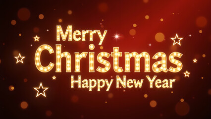 Merry Christmas and Happy New Year greeting card. Festive design with golden lights. Concept of celebration, winter holidays, and joy.