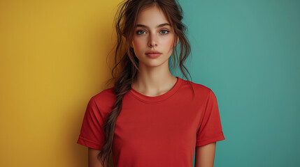 Fototapeta premium Bold and Beautiful: A young woman with captivating green eyes and a braid cascading down her back, stands confidently against a vibrant yellow and teal backdrop.