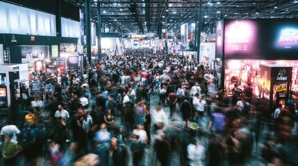 Obraz premium Blurred crowd at an exhibition hall, representing a busy trade show environment