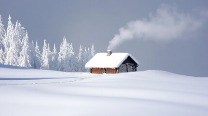 Snowy Mountain Cabin Winter Landscape Scene