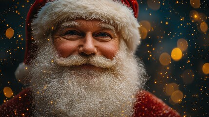 Cheerful and Jolly Santa Claus Portrait Surrounded by Glittering Snowflakes and Warm Bokeh Lights, Perfect for Holiday Celebrations and Festive Promotions