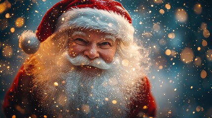 Joyful Santa Claus Smiling with Snow and Sparkling Lights in a Festive Winter Wonderland Setting Full of Holiday Cheer and Magic