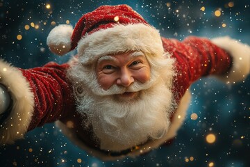 A Joyful Santa Claus with a Merry Smile Surrounded by Sparkling Snowflakes and Dazzling Lights Embracing the Spirit of Christmas Cheer in a Festive Atmosphere