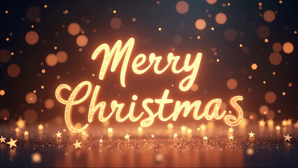 Merry Christmas golden text with bokeh lights. Festive holiday greeting concept.