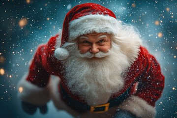 Joyful Santa Claus with a Big Smile Surrounded by Snowflakes, Exuding Holiday Cheer and Magic in a Winter Wonderland Setting, Perfect for Christmas Celebrations