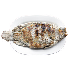 A grilled fish served on a white plate, showcasing its crispy texture and appetizing appearance.