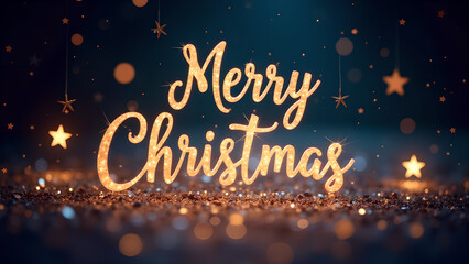 Merry Christmas text with golden glitter and bokeh lights. Concept of winter holidays, celebration, and festive season.