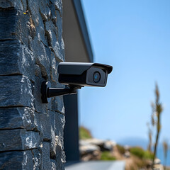 High tech security camera mounted on dark stone wall, providing surveillance in modern outdoor setting. clear blue sky enhances scene tranquility