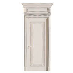 A white door with a wooden frame and a silver handle