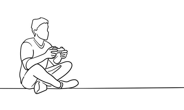 recommend clip art: Guy playing video game, continuous line art drawing isolated on white background. Game console. Vector illustration