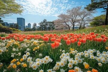 A vibrant field of tulips and daffodils blooming in an urban park under a bright blue sky, with city buildings in the background, symbolizing the arrival of spring and the Easter season