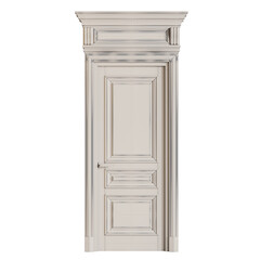 A white door with a wooden frame and a silver handle