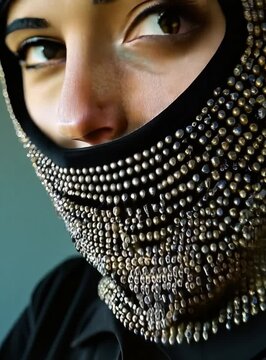 A model wearing a beaded black ski mask and a black button-up shirt stands confidently with arms crossed video.