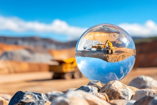 A large glass sphere with an open top, filled with the scene of a mining site and featuring construction machinery within it. The background is a landscape of an open-pit platinum mine