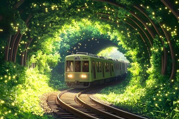 A train traveling through an endless tunnel made of green trees, with fireflies flying around it, in the style of anime