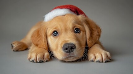 Adorable puppy wearing a santa hat looking up at the camera