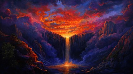 Fototapeta premium Stunning Sunset Over Majestic Waterfall in Vibrant Landscape with Dramatic Clouds and Lush Surroundings, Capturing Nature's Breathtaking Beauty in Vivid Colors