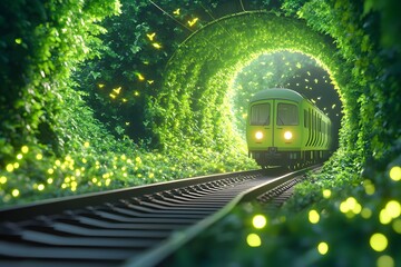 A train traveling through an endless tunnel made of green trees, with fireflies flying around it, in the style of anime