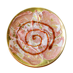 A circular plate featuring a spiral pattern with soft pink and white hues, accented by a golden rim.