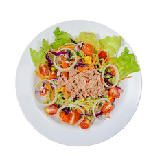 A colorful salad featuring fresh greens, cherry tomatoes, onions, and tuna, elegantly arranged on a white plate.