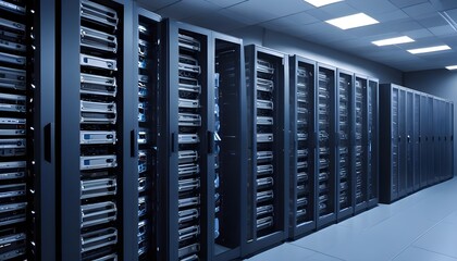 Server racks in computer network security server room data center d render dark blue