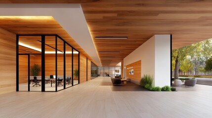 Obraz premium Modern office hallway with wood paneling and glass-walled meeting room. Natural light streams in, creating a bright and airy atmosphere.