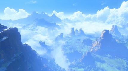 Obraz premium Majestic Mountain Landscape with Clouds, Lush Green Valley, and Serene Blue Sky Overlooking a Breathtaking Natural Wonder