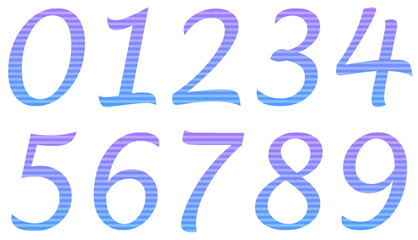 Set of colorful numbers with pattern isolated on white. Alphabet with numbers. Vector graphic elements for design. Abstract pattern with lines. Pink and blue gradient