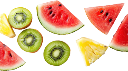 Isolate refreshing summer fruit slices watermelon kiwi and pineapple in nature's vibrant canvas