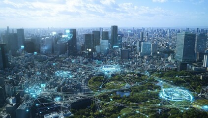 Aerial view of a sprawling metropolis, a network of connections woven across the cityscape under a vibrant blue sky. Modern architecture and lush green spaces coexist