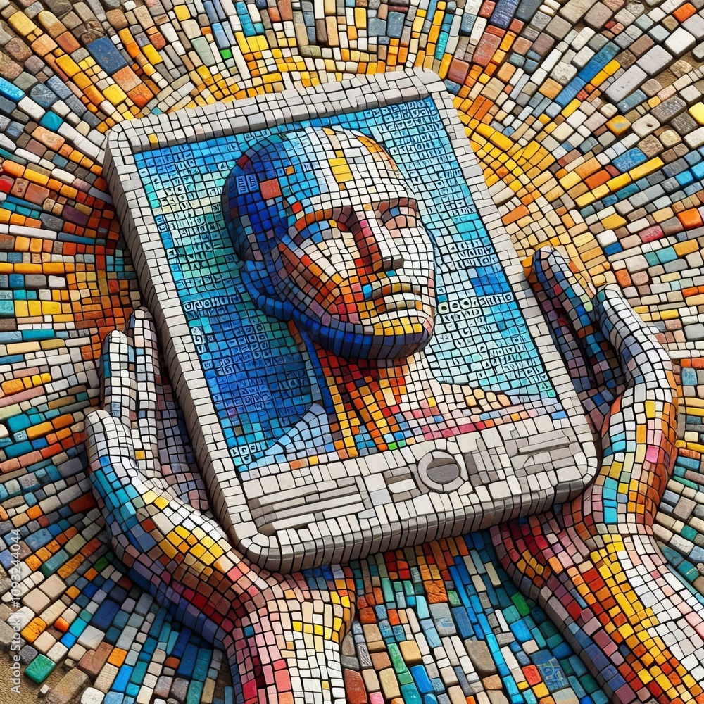 Poster mosaic tiles code arranges into a mosaic of colorful tiles