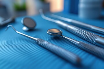 Dental instruments arranged neatly on a clean table. Close-up of tools. Blank space for clinic advertisement text.