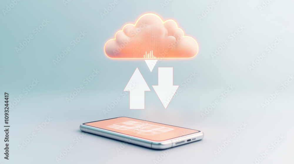 Poster cloud computing action smartphone holograph displaying data storage and cyber security in a modern n