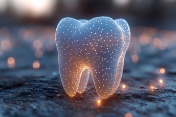 Fototapeta premium Shining tooth surrounded by abstract glowing lights. Soft blurred background in gentle hues. Space reserved for dental clinic text.