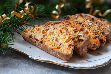 Traditional homemade tasty Italian biscotti cantuccini in Christmas decorations