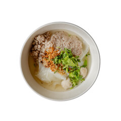 A bowl of rice noodles topped with minced meat, herbs, and crispy onions.
