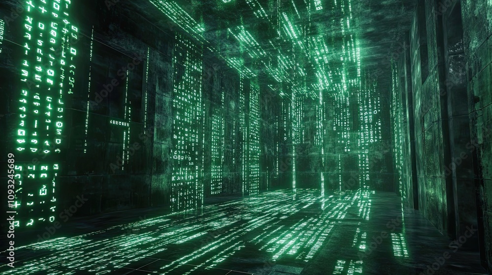 Poster a green digital corridor with glowing binary code on walls and floor