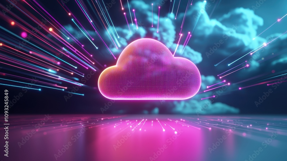 Poster cloud computing data storage and cyber security network virtual environment digital storm of glowing