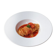 A plate of spaghetti topped with tomato sauce and garnished with herbs, presented elegantly in a white dish.