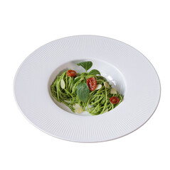 A bowl of pasta adorned with fresh greens and cherry tomatoes, presented elegantly on a white plate.