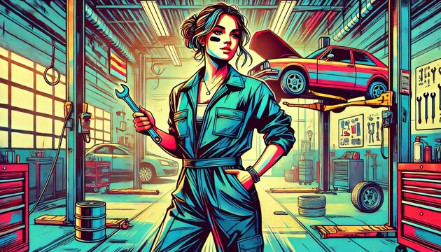 Confident female mechanic holding wrench in garage with lifted car