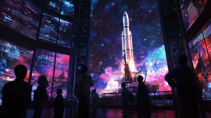 A futuristic control room displays a rocket launch against a cosmic backdrop.