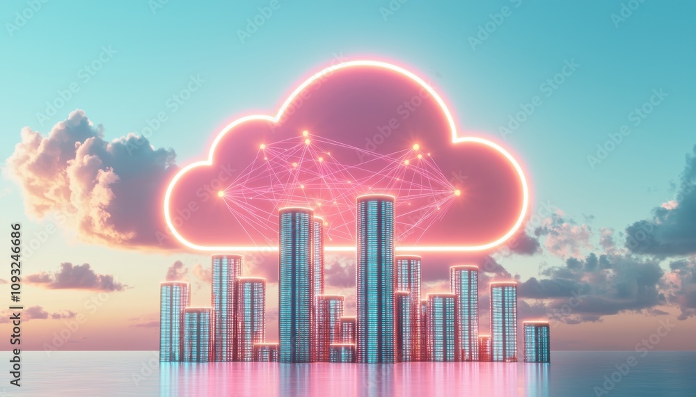 Poster futuristic cityscape with cloud computing data storage and cyber security urban environment digital 