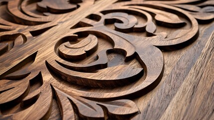 Intricate wood carving showcasing elegant swirls and floral patterns, highlighting craftsmanship and natural texture.