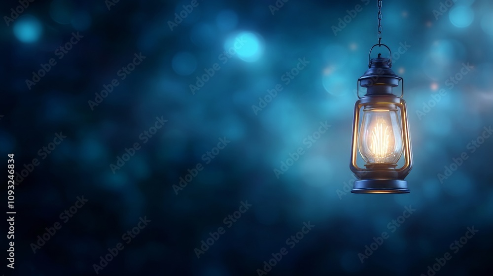 Poster rustic lantern illuminating a dark atmosphere with soft blue background, symbolizing warmth and nost
