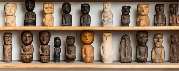 A collection of wooden figurines displayed on a shelf, showcasing various sizes, styles, and colors, reflecting artistic craftsmanship and cultural significance.