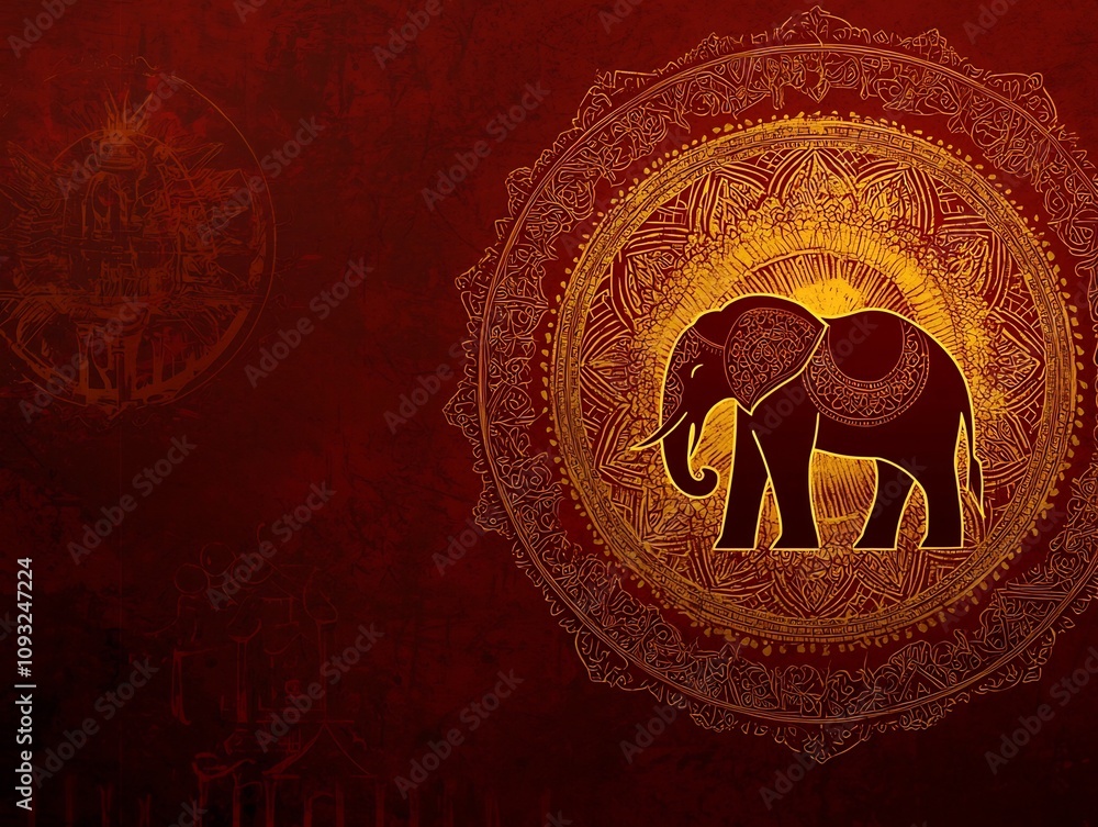 Aufkleber elephant motif in circular pattern with golden accents on dark red background